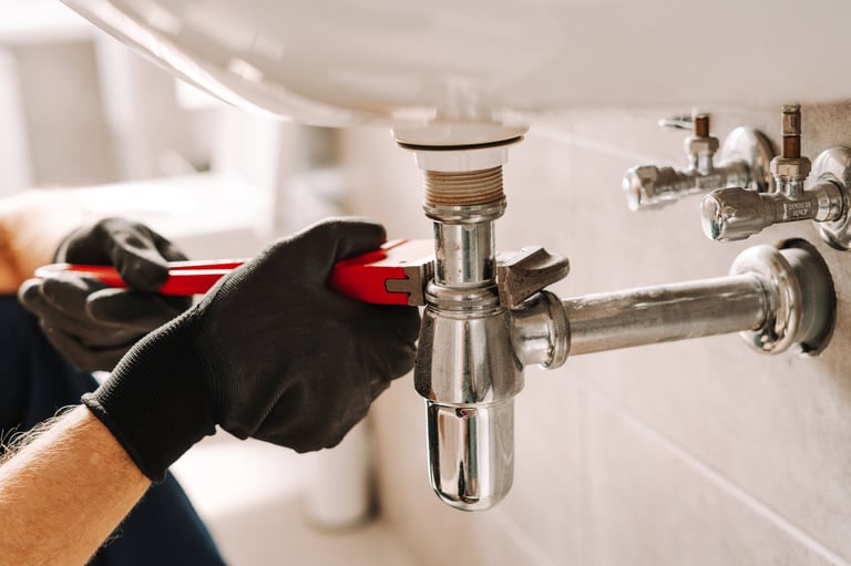 Plumber fixing sink pipe with precision