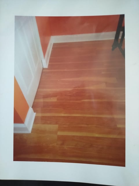 Interior with wooden flooring and coral-colored walls