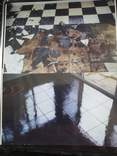 Water-damaged interiors with wet flooring