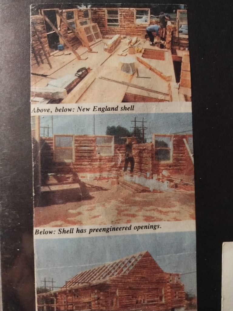 Three-panel construction sequence showing New England shell home being built, from foundation with preengineered openings to completed brick structure with roof